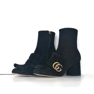 Gucci GG Marmont Fringe Black Suede Ankle Boots 36.5